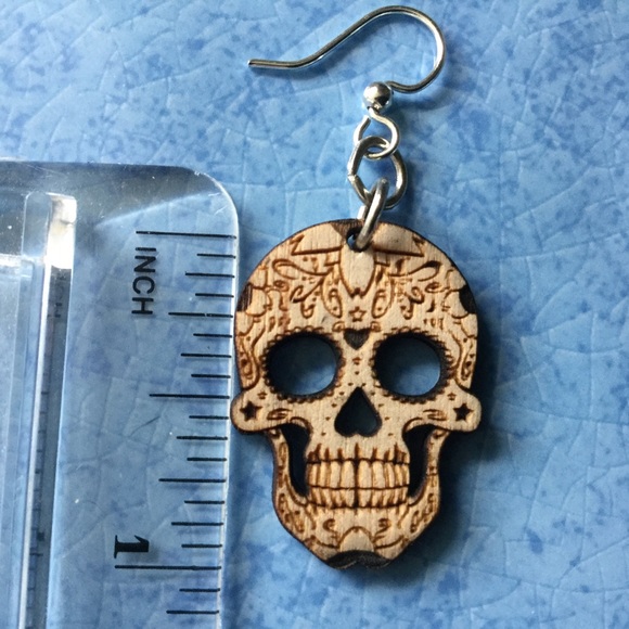 Wooden Sugar Skull Earrings Day of Dead - Picture 4 of 5